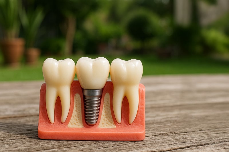 Implant model on a wooden deck outside, nature in the background, blurred